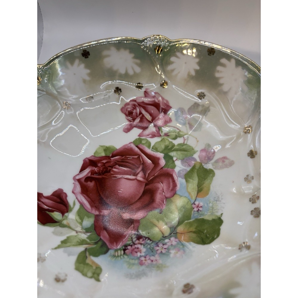Set of 2 Vintage Porcelain Floral Serving Bowls Red Roses Pansies Gold Rim Vntg - Picture 11 of 15